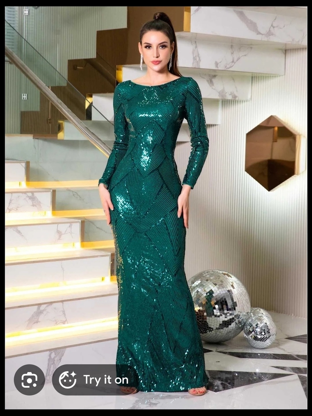 Romagic Green Long Sleeve Elegant Sequin Gown Size Medium